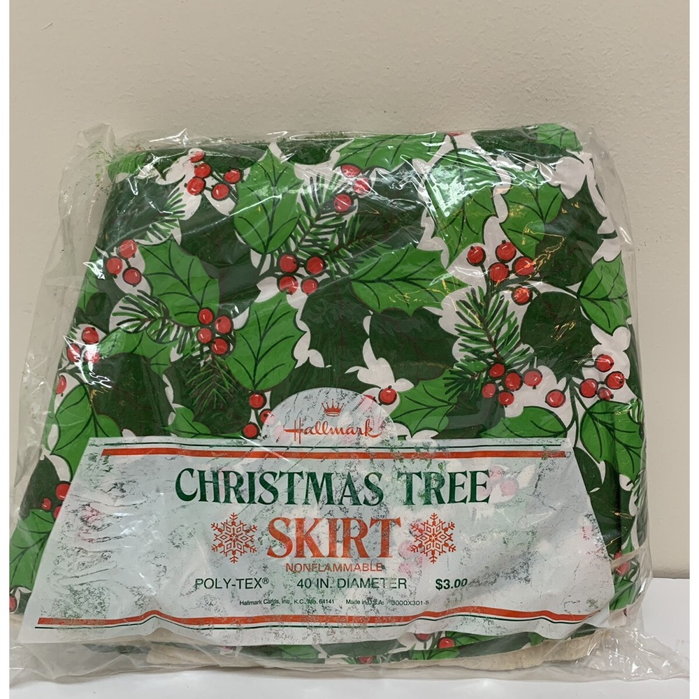 NEW Vintage Poly-tex Hallmark Christmas Tree Skirt Table Cover 40" Round Holly